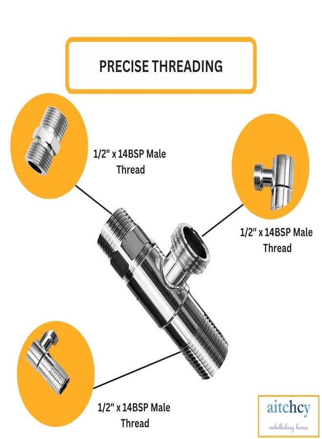 Aitchcy Brass Tee Connector | 15mm (1/2"BSP) Inner & Outer Thread | Polished CP Finish | Multi-Functional 3-Way Pipe Fitting for Water Supply with Teflone Tape | 3 Way Tee Mix (3 Way Tee with Adapter) - Image 3